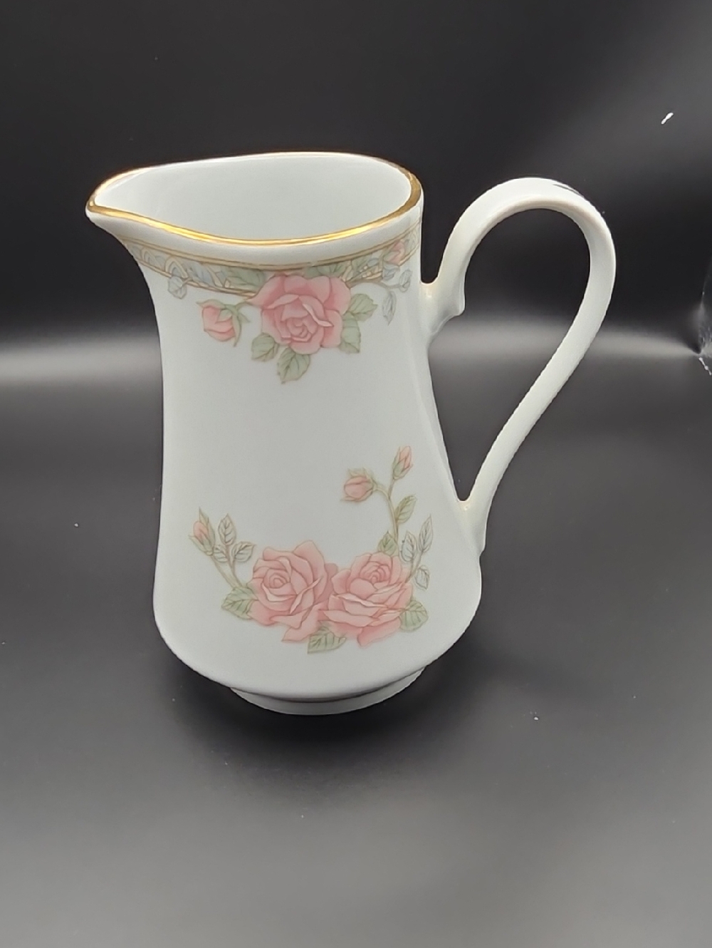 White Porcelain Rose-Trim Creamer with Gold Edge By Crown Ming Fine China